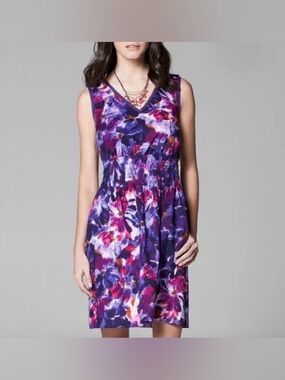 Vera Wang Purple Floral Smocked Waist Sleeveless Mini Dress sz M